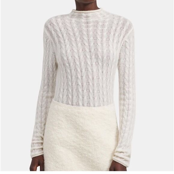 Theory White Ivory Cashmere Cable Mock Neck Sweater New With Tag Size P (S) - Picture 1 of 7